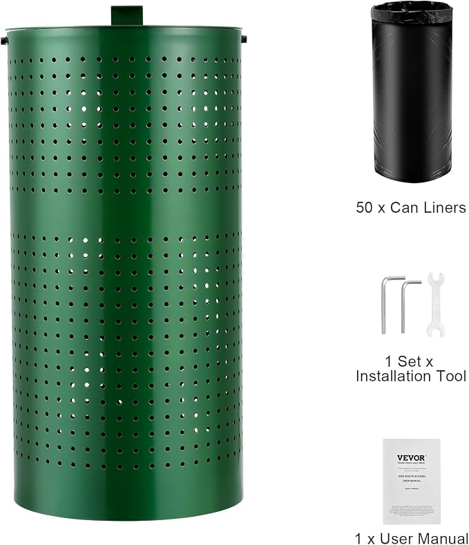 VEVOR Dog Poop Trash Can With 50 Liner Bags, 11.5 Gallons Outdoor Waste Bin With Lid & Liner Clip for Pet Waste Station, Disposal Container for Garden Backyard Park - Image 10