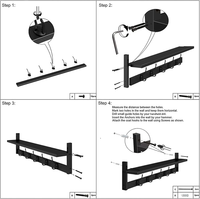 AMBIRD Wall Hooks with Shelf Entryway Hanging Wood Coat Hooks with Shelf Wall-Mounted Coat Hook Rack with 5 Dual Hooks for Bathroom, Living Room, Bedroom (Stylish Black) - Image 5