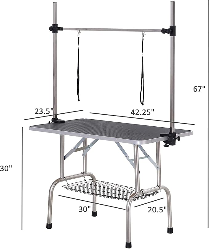 42" Dog Grooming Table Foldable Pet Grooming Tables with Adjustable Arm Noose Storage Mesh Tray Maximum Capacity Up to 330lbs Black - Image 2