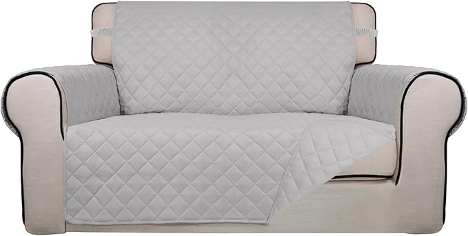 PureFit Reversible Quilted Couch Covers for Dogs Loveseat Sofa Cover 46.5” | Light Gray/Light Gray, Water Resistant Couch Protector, Washable Pet Couch Cover with Non Slip and Elastic Straps For Kids by PureFit