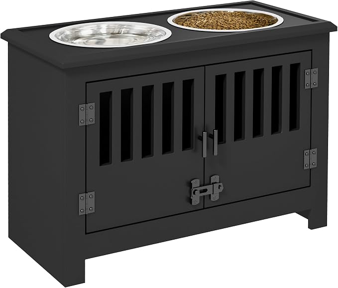 Large Elevated Dog Bowls with Storage Cabinet Containing Large 37L Capacity, Raised Bowl Stand Pet Food Bowl Dog Feeding Station, Black by LUCCALILY