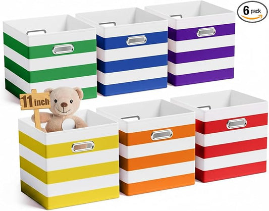CroBlissful 11 Inch 6 Pack Fabric Storage Cubes with Metal Handles, Back to School Collapsible Organizer Bins for Classroom, Closet, Student Room, Toys and School Supplies (Dark Color) by CroBlissful