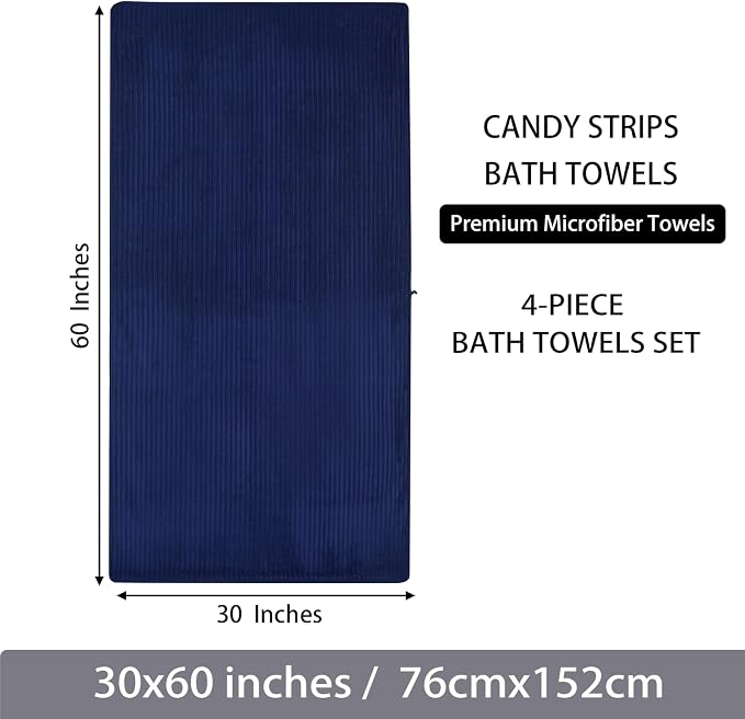 4 Piece Bath Towels, 30"x60" Microfiber Towels Set, Navy Blue | Large Bathroom Towels, Soft Touch, Highly Absorbent, Quick Dry, Lint Free, Long-Lasting, Family Use, Guest Bath & Daily Use - Image 7