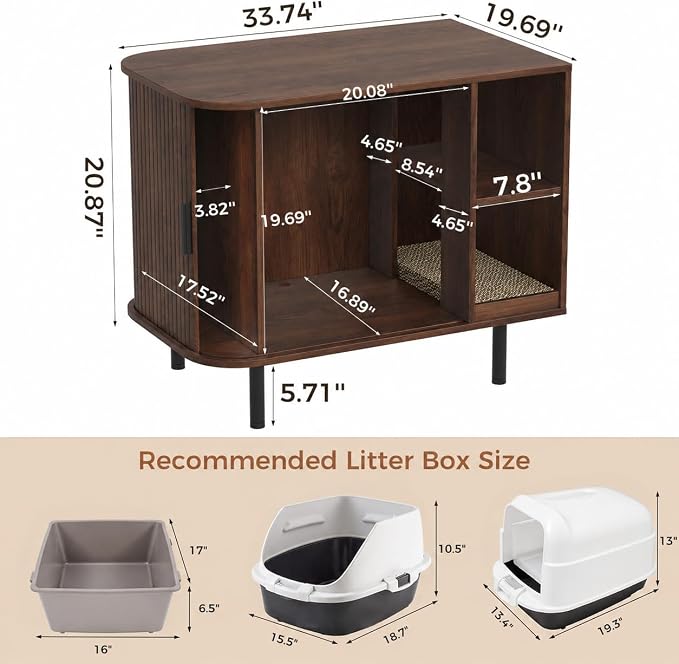 Cat Litter Box Enclosure with Scratch Pad, Large Hidden Litter Box Enclosure Furniture for self-Cleaning Litter Boxes, Sliding Door, Adjustable Shelf for Dog Proof, Modern Indoor Cat House, Walnut - Image 2