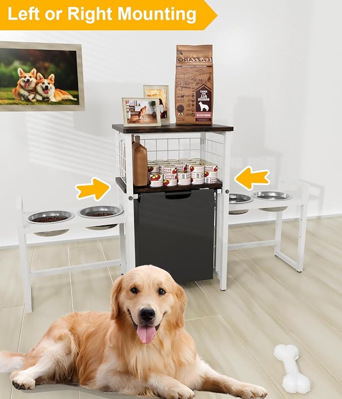 30.6Long x 26.2 High Elevated Dog Bowl Stand with Pet Food Storage Organizer, Adjustable Raised Feeding Station with Toy Basket for Large Medium Small Dogs and Cats, White - Image 5