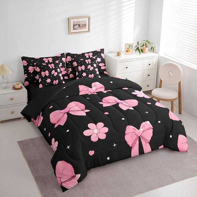 Erosebridal Bowknot 7 Piece Comforter Set King Size Black Pink Bedding Set for Girls Kids Bedroom Pink Bows Comforter Microfiber Bow Heart Pattern Bed in A Bag with Sheets Flower Bed Set - Image 2