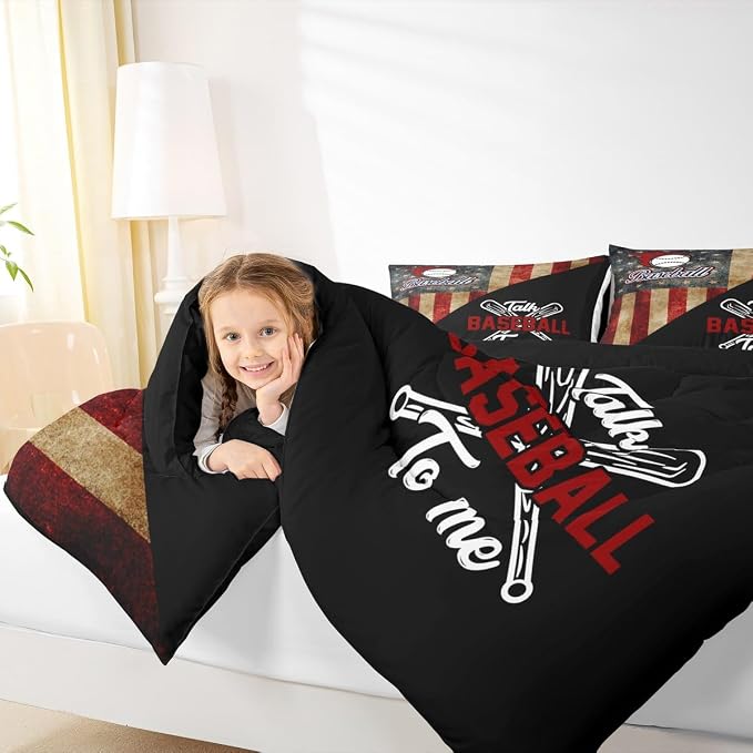 Baseball Boys Comforter Set Full Size,American USA Flag Retro Bedding Set,Kids Girls Adults Bedroom Decor,Baseball Bats Sport Games Down Comforter,Black Splicing Duvet Insert,3pcs,2 Pillowcases - Image 3