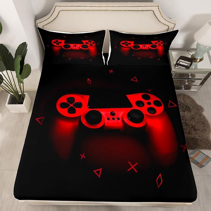 Gamer Bedding Set for Boys - Full Gaming Sheet Set with Red Gamepad Design, Black Cool Retro Gaming Flat Sheet and Pillowcase - Image 5