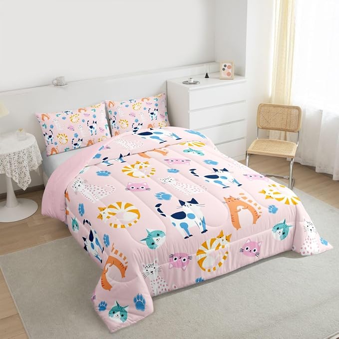 Feelyou Queen Size Cute Colorful Cat Bedding for Kids Teen Girls Room Decor Cat Comforter Set Kawaii Pink Kitten Quilt Feline Paw Bed Sets Ultra Soft Microfiber with 3 Piece - Image 2