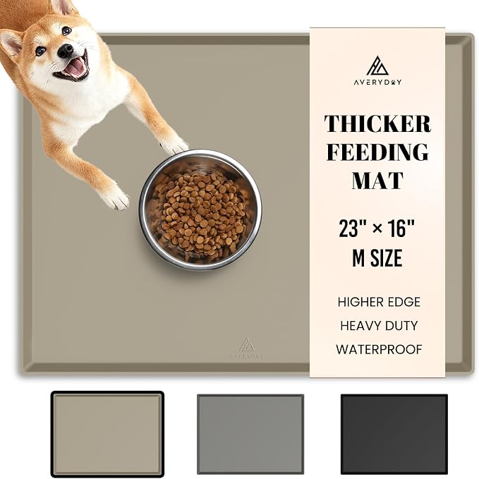 AVERYDAY 100% Waterproof Thicker Silicone Dog Food Mat, 0.63'' Raised Edge Bowl Mat for Food & Water, Non Slip Pet Feeding Placemat for Messy Drinkers, Perfect for Large Medium Small Breeds, 23"x16" by YourAveryDay