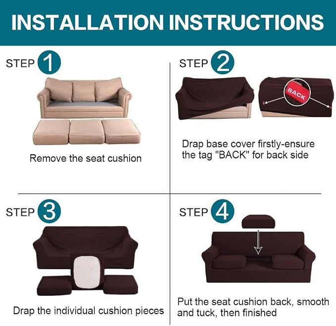 Turquoize 4 Piece Sofa Covers for 3 Cushion Couch Sofa Slipcover Soft Couch Cover for Dogs-Washable Sofa Furniture Covers with 3 Individual Large Cushion Covers Jacquard Fabric (XL Sofa, Brown) - Image 6
