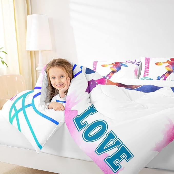 Basketball Lovers Kids Comforter Set Queen Size,Modern Sports Games Competition Bedding Set,Girls Boys Adults Room Decor,Hand Painted Fashion Down Comforter,Pink Purple Duvet Insert,2 Pillowcases - Image 3