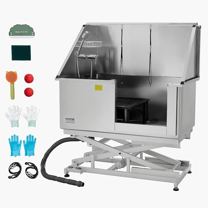 VEVOR Electric Lift Dog Washing Station, 50 inch Professional Stainless Steel Pet Grooming Tub w/PE Water Filter Board, Faucet & Showerhead Dog Bathtub Washing Sink for Multiple Pets (Right Door) - Image 9