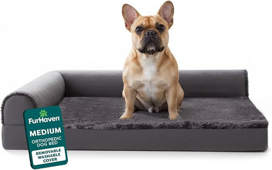 FurHaven Orthopedic Dog Bed for Medium Dogs, L-Shaped Chaise Mattress with Orthopedic Egg Crate & a Solid Orthopedic Foam Base for Joint Support, Washable Cover, Medium, Plush & Velvet, Platinum Gray by FurHaven