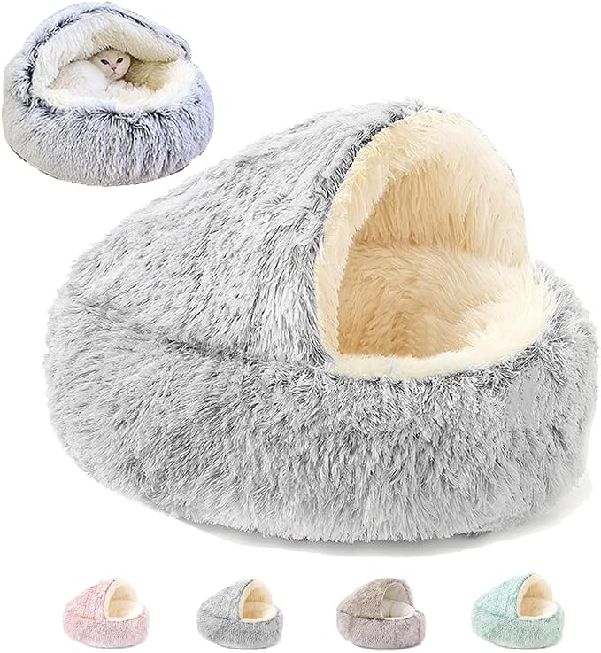 Keep Warm Lapcatz Nest Bed, Cat Bed Round Fluffy Hooded Cat Bed Cave, Anti-Slip Bottom and Machine Washable,Removable Washable Round Beds for Small Medium Pets (Grey,Large) by Unknown