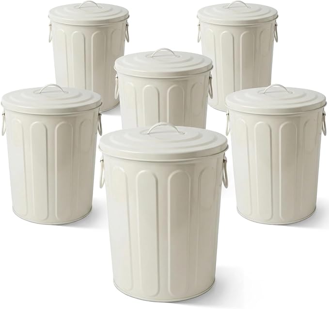 Plexon 5 Gallon Small Metal Trash Can with Lid Outdoor Galvanized Steel Bucket with Lid 5 Gal Storage Can for Dog Food Bird Seed Storage Container, Off-White 6 Pack by Plexon