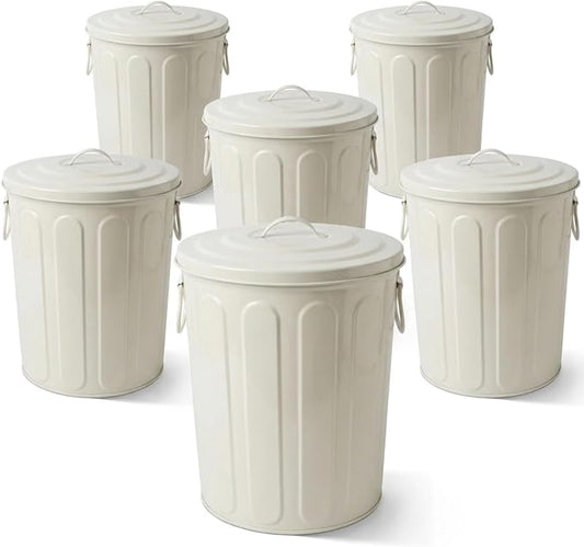 Plexon 5 Gallon Small Metal Trash Can with Lid Outdoor Galvanized Steel Bucket with Lid 5 Gal Storage Can for Dog Food Bird Seed Storage Container, Off-White 6 Pack by Plexon
