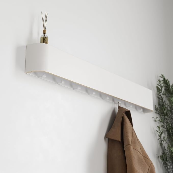 Kazai. Wall-Mounted Coat Rack 'Toke' - Modern Design Coat Rack with Hidden Wall Hooks - Solid Wood Veneer Panel Coat Hanger - White - Image 7