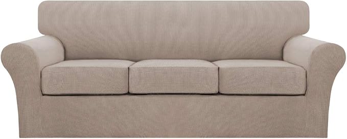 Turquoize 4 Piece Sofa Covers for 3 Cushion Couch Sofa Slipcover Soft Couch Cover for Dogs Washable Furniture Cover with 3 Individual Large Cushion Covers Feature Fabric (Large Sofa, Sand) by Turquoize