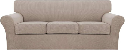 Turquoize 4 Piece Sofa Covers for 3 Cushion Couch Sofa Slipcover Soft Couch Cover for Dogs Washable Furniture Cover with 3 Individual Large Cushion Covers Feature Fabric (Large Sofa, Sand) by Turquoize