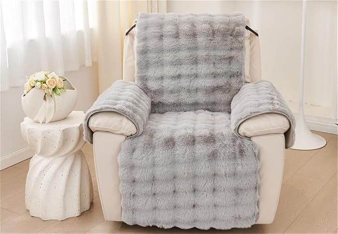 Plush Recliner Slipcover Home Faux Fur Fluffy Recliner Chair Slipcover Non Slip Back Fuzzy Fluffy Reclining Couch Cover Soft Comfort Sofa Slipcover Washable Furniture Protector (Light Gray) - Image 2