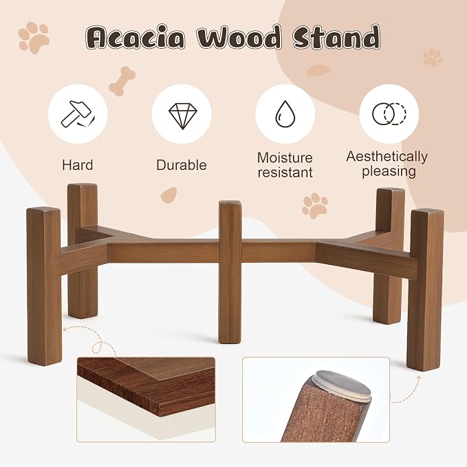 SPUNKYJUNKY Ceramic Elevated Dog Bowl Set with Acacia Wood Stand for Food and Water for Small Medium Sized Dogs (28.74 OZ, Black, Dog Paw Pattern) - Image 4
