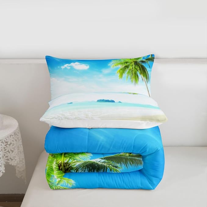 Beach Comforter Set Queen Size Ocean Bedding Set Tropical Palm Tree Hawaii Ocean Duvet Set Sunny Beach Coastal Nature Theme Duvet Set Sea Wave Mountain Brown Wooden Comforter Set 2 Pillowcases, Blue - Image 7