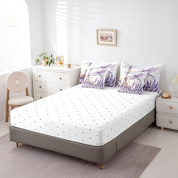 Feelyou Eiffel Tower Twin Size Comforter Set with Sheets Paris 7 Piece Bedding Set for Kids Girls Teens Toddler Purple Dragonfly Bed in a Bag Romantic Art Bed Set - Image 5