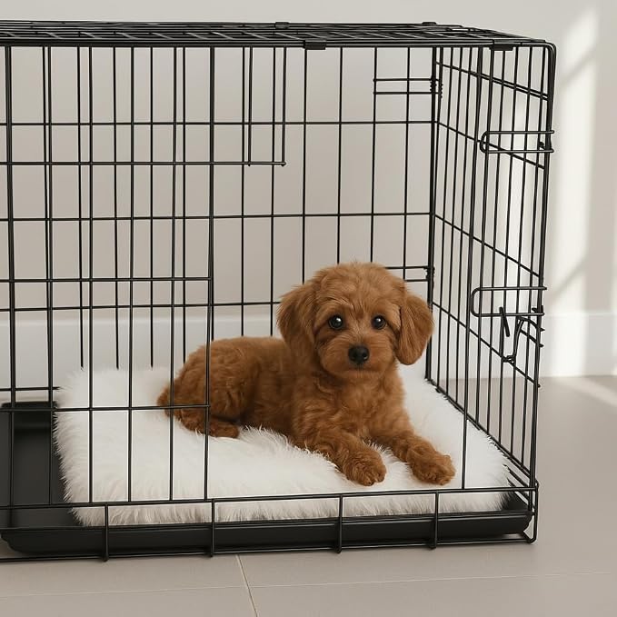 Faux Fur Orthopedic Rectangular Dog Bed, Memory Foam, White Small 23"x18" | Plush Sheepskin Style Furry Rug, Calming for Senior and Large Dogs, Washable Waterproof Cover, Fits Crates and Floors - Image 7