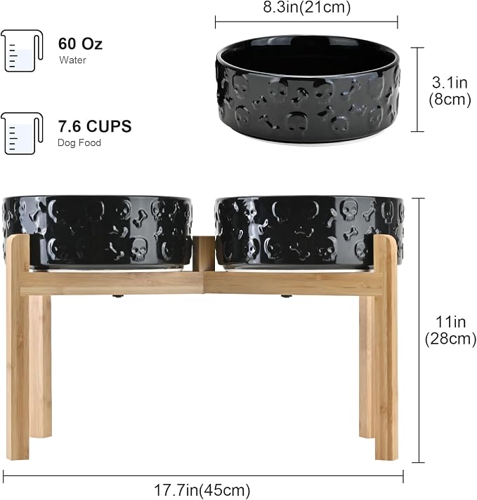 SPUNKYJUNKY Elevated Dog Bowls Ceramic, 8.3'' Dogs Food Water Bowls Raised with Non-Slip Bamboo Stand for Large Sized Breed Microwave Dishwasher Safe - 60 OZ,Skull Black - Image 2