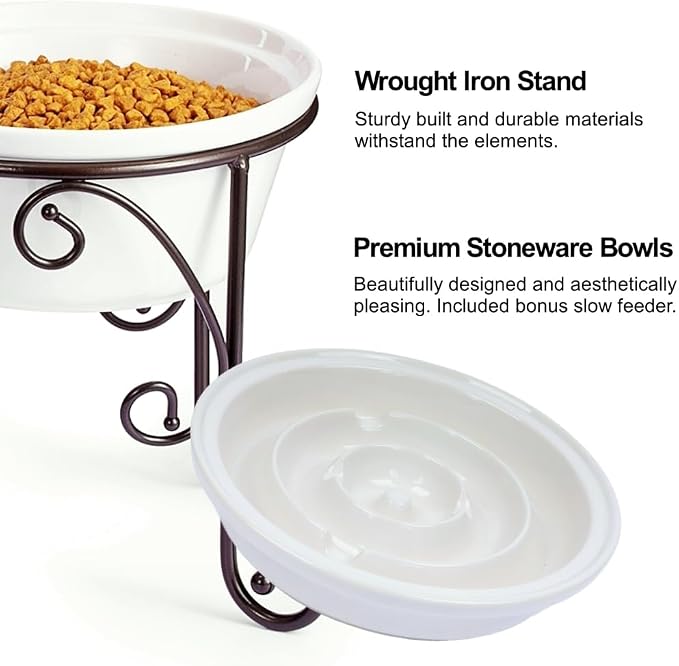Elevated Dog Bowl Stand with 3 Large Ceramic Bowls – Raised Feeding Station for Medium & Large Dogs, Includes 2 Standard Bowls + 1 Slow Feeder, Durable Iron Frame, Non-Slip (White) - Image 11