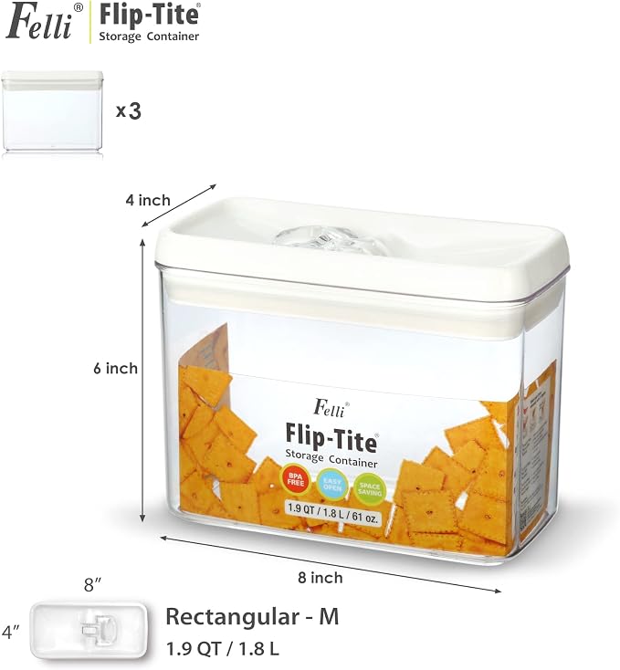 Felli Flip Tite Storage Container with Lid 4” RECTANGULAR Airtight Ring Flip Top, Stackable Kitchen Counter Pantry Organizer Acrylic Canister Jar for Pasta Spaghetti Cereal Granola Coffee (1.9qt) - Image 3