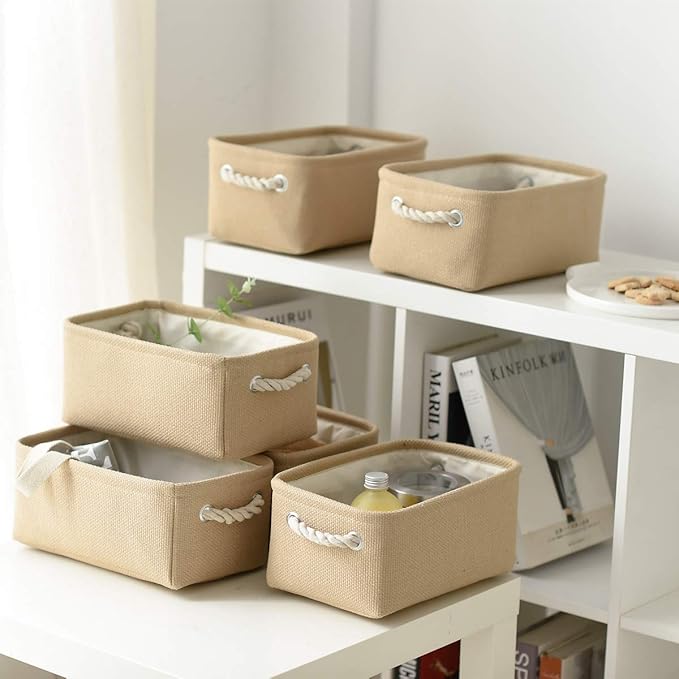 TheWarmHome Storage Basket for Organizing - Small 6 Pack 11.8x7.8x5.2 inch Fabric Storage Cubes with Cotton Rope Handle, Collapsible Storage Bins Baby Storage Toy Nursery (Beige) - Image 6
