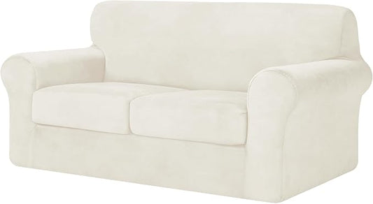 CHUN YI 3 Piece Velvet Couch Covers for 2 Cushion Couch, Water Resistant Loveseat Covers, Non Slip High Stretch Thick Furniture Protector for Dogs Pets, Medium, Ivory White by CHUNYI