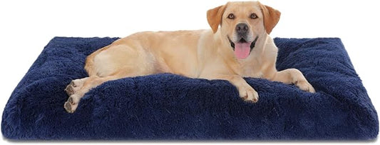 Bedfolks Plush Dog Crate Pad, Washable Dog Kennel Bed 41"x27", Faux Fur, Waterproof, Extra Large, Dark Blue by Bedfolks