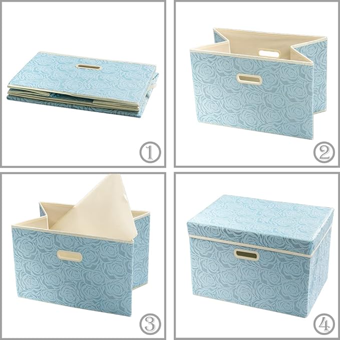 PRANDOM Larger Collapsible Storage Cubes with Lids Fabric Decorative Storage Bins Boxes Organizer Containers Baskets with Cover Handles for Bedroom Closet Living Room Blue 17.7x11.8x11.8 Inch 3 Pack - Image 4