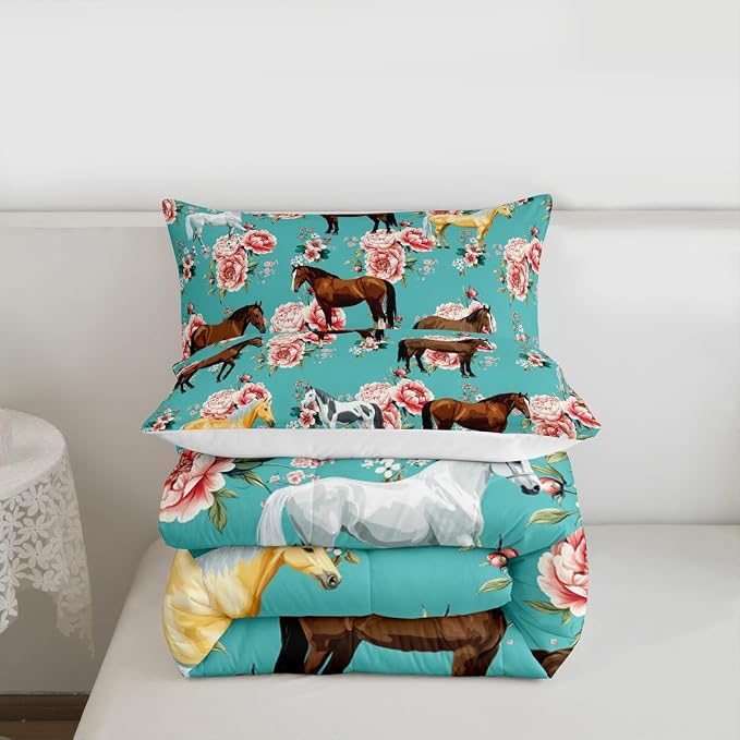 Erosebridal Girls Horse Comforter Set - Full Size Pink Flower Bedding Set for Kids - Galloping Horse Down Comforter - Quilt Set for Women, Cowboy Cowgirls - Image 7
