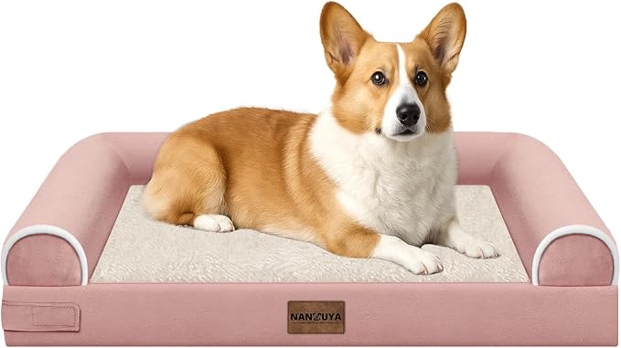NANUYA Orthopedic Dog Bed for Medium Dogs, 30 x 20 Inch, Pink | Egg crate foam for joint support, 3-sided bolster pet sofa, waterproof lining, washable cover, and non-skid base by Nanuya