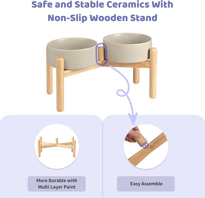 SPUNKYJUNKY Ceramics Elevated Dog Bowls with Wooden Stand - Raised Dog Bowl for Medium Large Dogs - Double 60OZ Bowls, Grey - Image 4