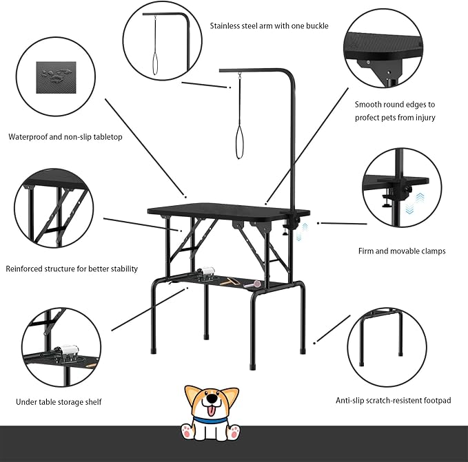 32 Inch Foldable Dog Grooming Table with Adjustable Arm, Nooses & Storage Basket - Non-Slip Pet Grooming Station for Dogs & Cats - Supports Up to 300 lbs (32 inches) - Image 4