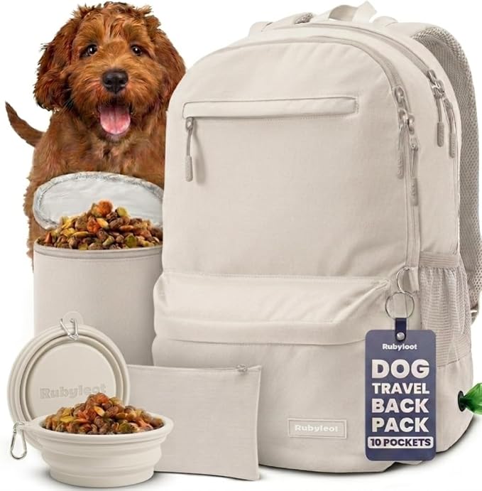 Rubyloo Dog Travel Backpack for Supplies - Dog Diaper Bag with Travel Bowls | 2 BPA-Free Bowls; Food Container & Treat Pouch; Placemat; Laptop Sleeve; Poop Bag Dispenser, Hiking, Camping & Road Trips, by Rubyloo
