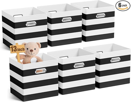 CroBlissful 13 Inch 6 Pack Fabric Storage Cubes with Metal Handles, Back to School Collapsible Organizer Bins for Classroom, Closet, Student Room, Toys and School Supplies (Black and White) by CroBlissful