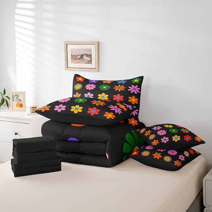 Feelyou Cute Flower 7 Piece Bedding Set Queen Size Colorful Flower Comforter Set with Sheets for Kids Boys Girls Black Colorful Bed in a Bag Kawaii Theme Bed Set - Image 3