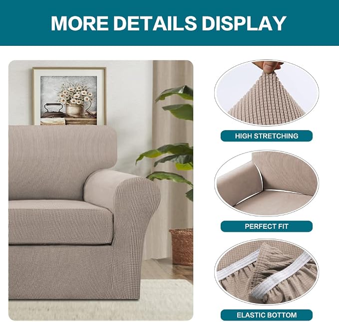 Turquoize 2 Piece Chair Covers Chair Slipcovers for Living Room Armchair Couch Cover Chair Sofa Cover with Individual Cushion Covers Furniture Cover for Chairs Feature Jacquard Fabric (Chair, Sand) - Image 4
