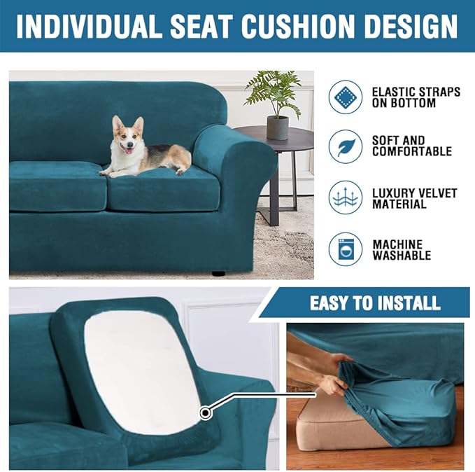 H.VERSAILTEX Real Velvet Plush 3 Piece Stretch Sofa Covers Couch Covers for 2 Cushion Couch Loveseat Covers Width Up to 72 Inch Feature Thick Soft Stay in Place (Medium Sofa, Deep Teal) - Image 6