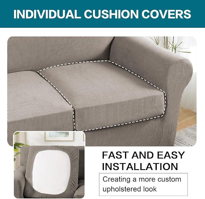 Turquoize 4 Piece Sofa Covers for 3 Cushion Couch Sofa Slipcover Soft Couch Cover for Dogs Washable Furniture Cover with 3 Individual Large Cushion Covers Feature Fabric (Large Sofa, Taupe) - Image 5