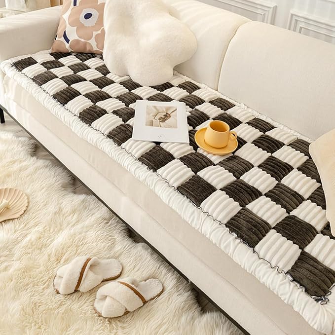 Fluffy Couch Cover for Pets - Large Cream-Coloured Fuzzy Plaid Square Pet Mat Bed Couch Cover Protector - Gray, 23.6 * 63in - Image 6