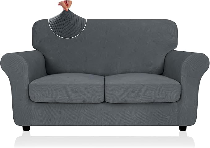 ZNSAYOTX 3 Piece Stretch Loveseat Covers (55"-69"), Thick Striped Sofa Covers for 2 Cushion Couch with Elastic Band Bottom Ties Non-Slip Stay in Place, Soft Durable Love Seat Slipcovers, Dark Grey by ZNSAYOTX