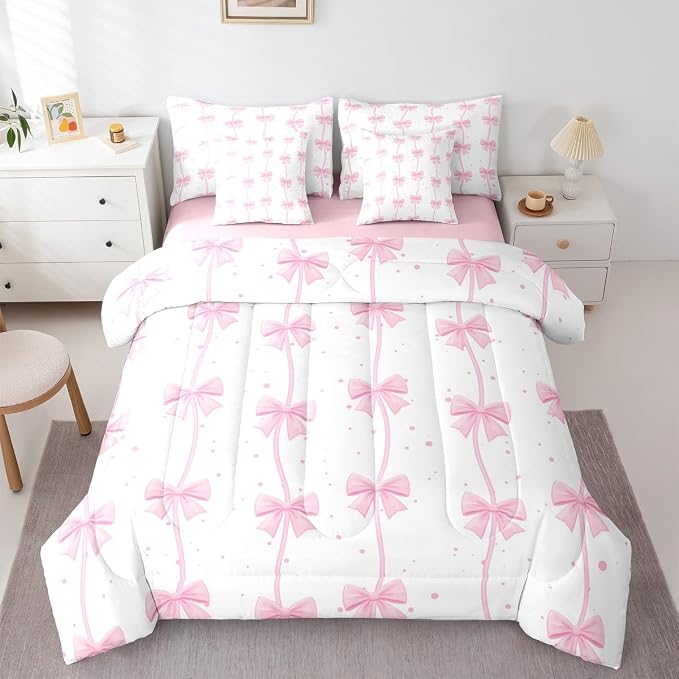 Feelyou Pink Bow 7 Piece Bedding Set Pretty Bowknot Comforter Set with Sheets for Kids Boys Girls Pink White Bed in a Bag Cute Wave Dot Bed Set Soft Lightweight by Feelyou