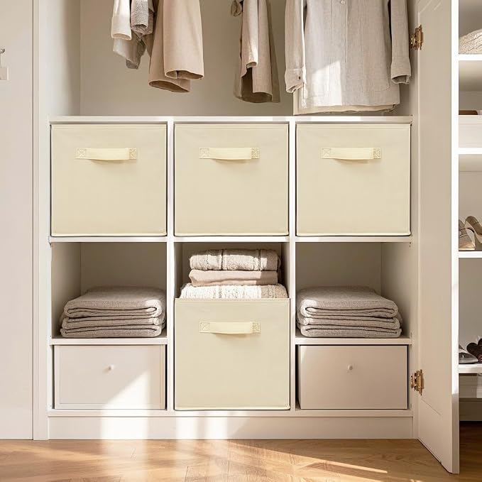 11 Inch Fabric Storage Cubes, Sturdy Foldable Storage Bins, Heavy Duty Cube Organizer for Clothes, Blankets, Shelves, Closets, Bedroom, Living Room, Beige, 12 Pack - Image 4